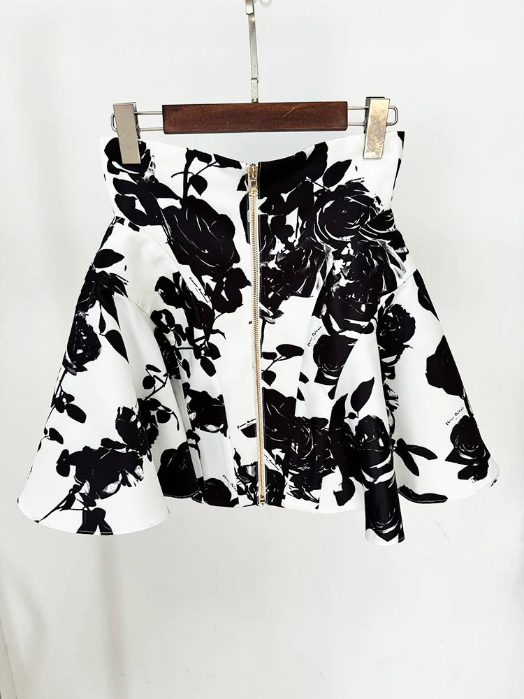 Rose Buttons Printed Floral Mini Skirt