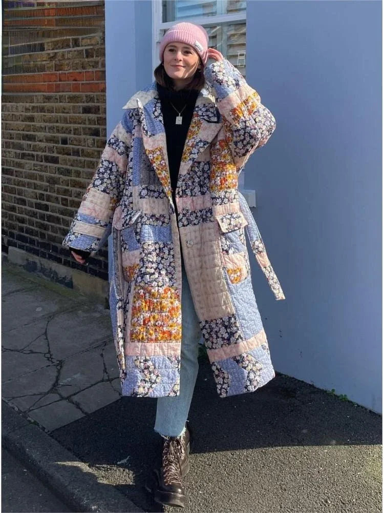 plated Cotton Coat with Belt