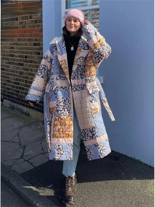 plated Cotton Coat with Belt