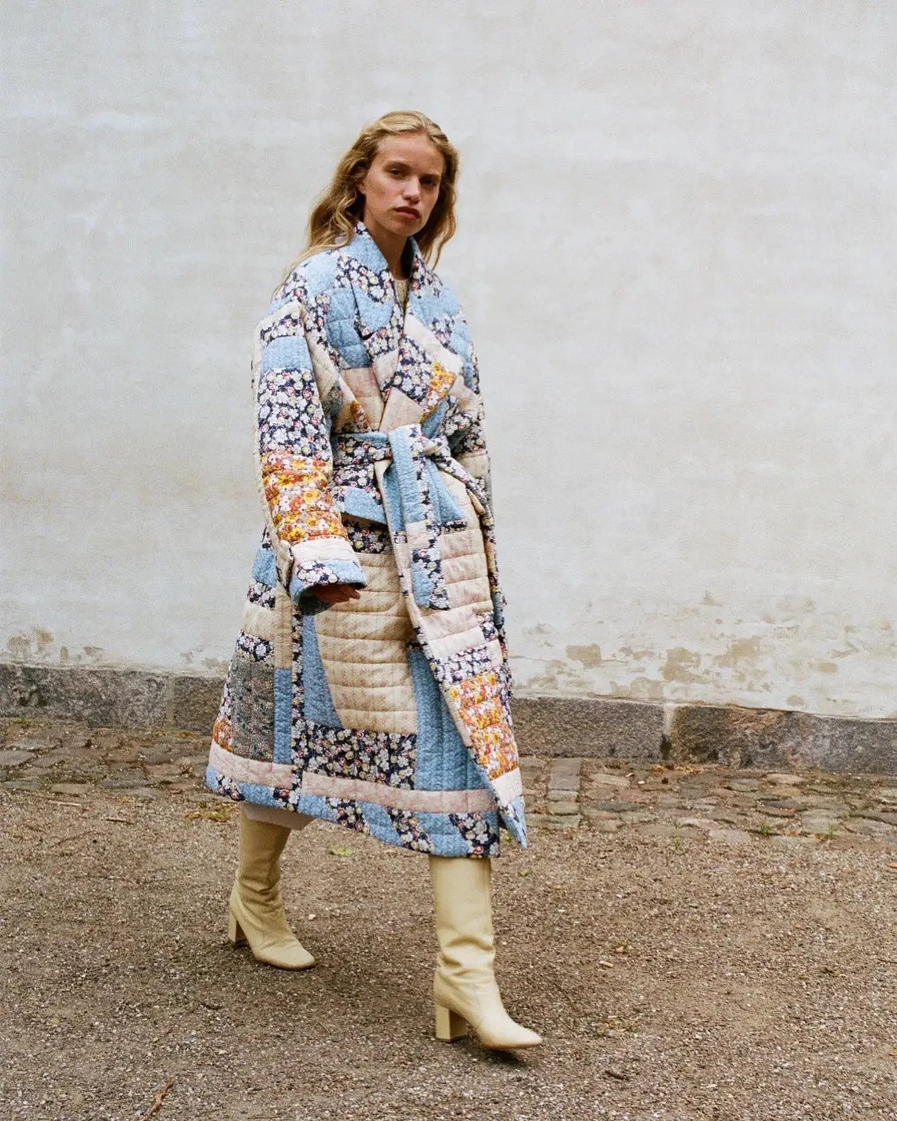 plated Cotton Coat with Belt