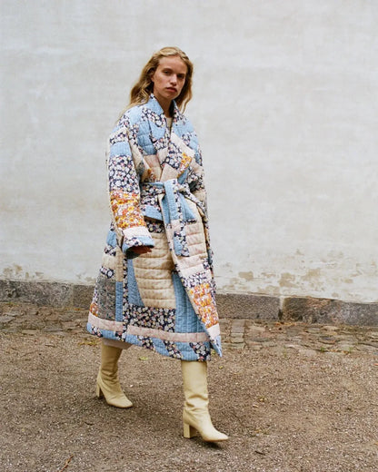 plated Cotton Coat with Belt